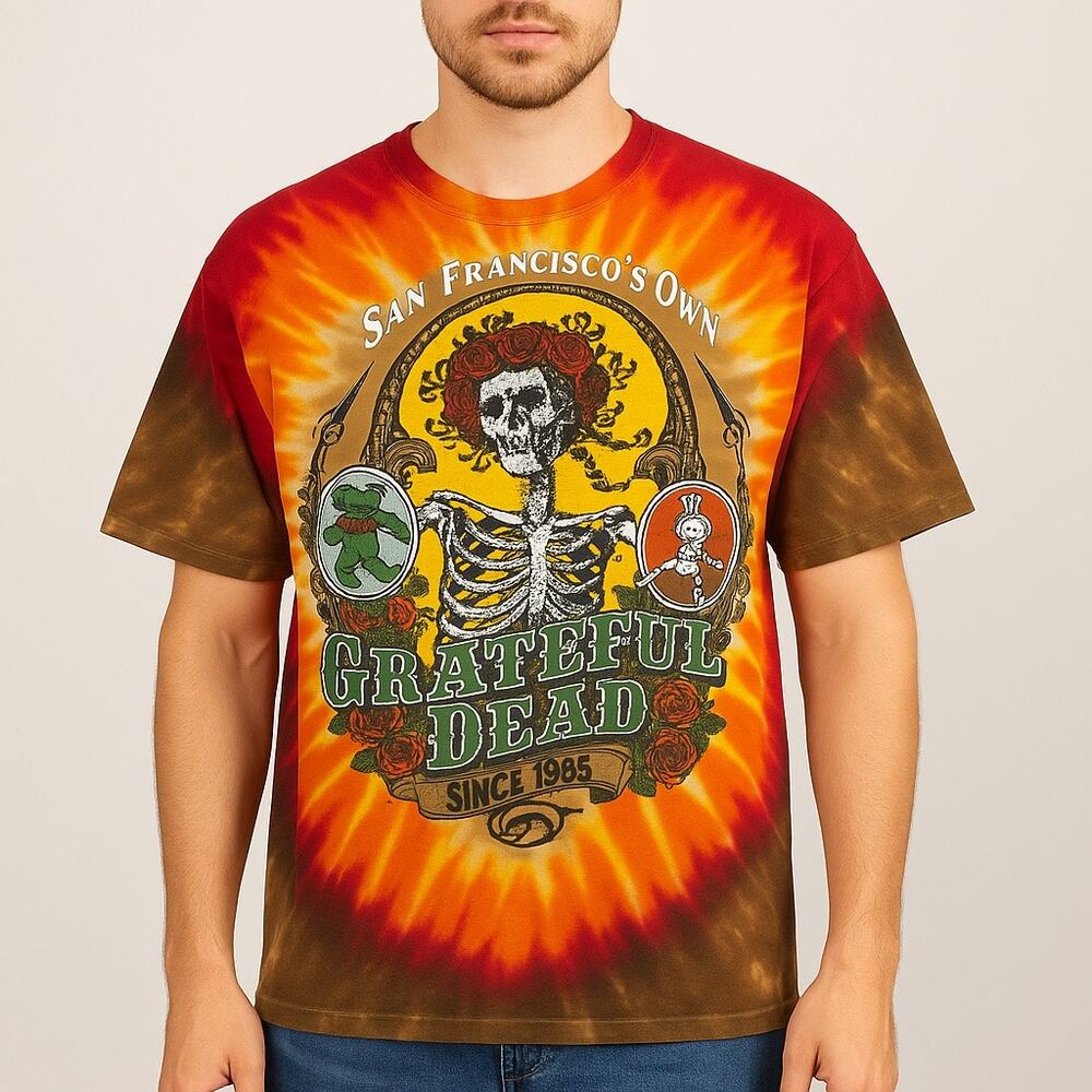Grateful Dead Tie Dye Tee Shirt Liquid Blue XL Skeleton Roses Bear Retro